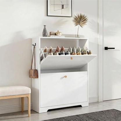 Nicetree Shoe Cabinet with 2 Flip Drawers, Narrow Shoe Organizer Cabinet, Freestanding Shoe Rack Cabinet, Modern Shoe Storage Cabinet for Entryway, Hallway, Foyer, White with Hook