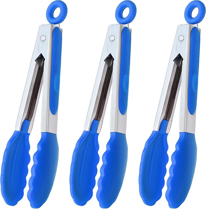 HINMAY Small Tongs with Silicone Tips 7-Inch Serving Tongs, Set of 3 (Blue)