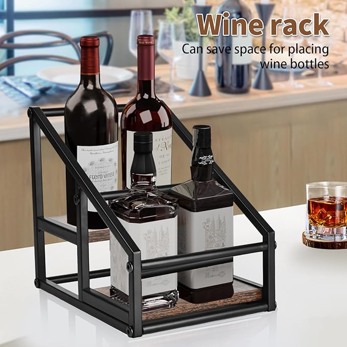 YQBRAO Coffee Syrup Rack Organizer,Liquor Bottle Display Shelf,2-Tier 4 Bottle Stand for Coffee Bar, Kitchen Station, Liquor, Wine, Dressing,Rustic Brown