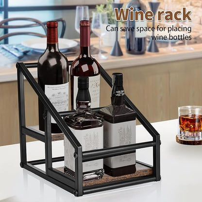 YQBRAO Coffee Syrup Rack Organizer,Liquor Bottle Display Shelf,2-Tier 4 Bottle Stand for Coffee Bar, Kitchen Station, Liquor, Wine, Dressing,Rustic Brown