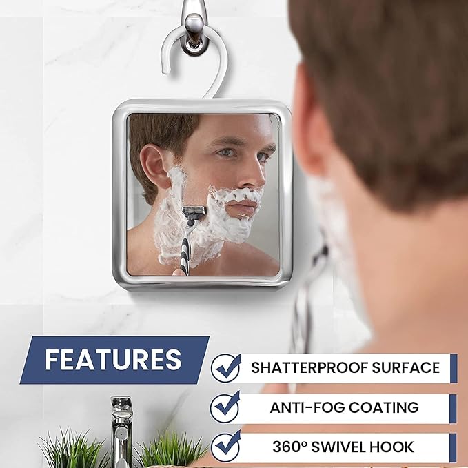MIRRORVANA Hanging Fogless Shower Mirror for Shaving with 360° Rotatable Swivel Hook - Anti Fog and Shatterproof 6.3" x 6.3" Surface (Chrome)