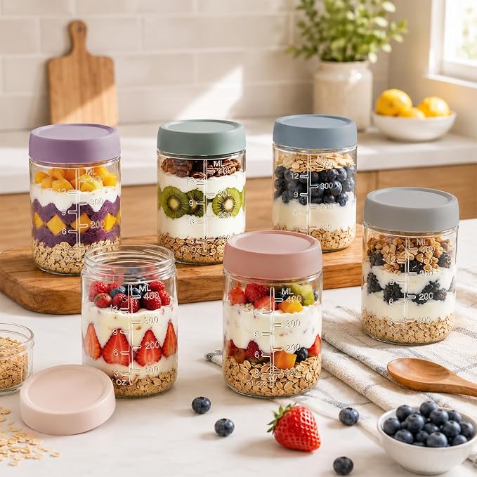 KEMORELA 4-Pack 16oz Overnight Oats Containers with Lids, Wide Mouth Glass Mason Jars with Airtight Lids, Reusable Glass Food Storage Containers for Yogurt, Chia Pudding, Salad, and Pickles