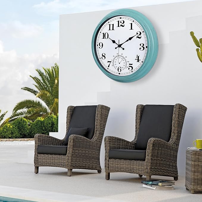 16 Inch Large Outdoor Clock, Retro Waterproof Indoor/Outdoor Clock Non-Ticking Clock with Thermometer, Battery Operated Wall Clock for Patio, Garden, Pool - Green