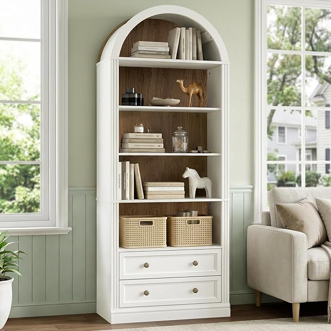 Farmhouse Arched Bookshelf, 7 Tiers Arch Bookcase with 2 Spacious Drawers, Modern Book Shelf with Open Display Shelves and Storage Cabinet, for Office, Living Room, Kitchen, Walnut and White