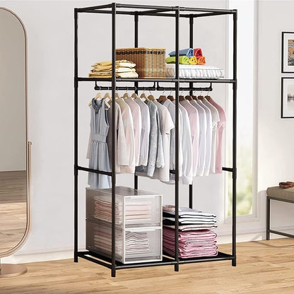 SORCEDAS Portable Wardrobe Closet Storage Organizer Metal Hanging Rack Non-Woven Fabric 34 Inch Coffee (34 Inch, Blue)