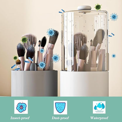 Makeup Brush Holder with Dustproof Cover, Clear 360 Rotating Make Up Brushes Organizer for Counter Vanity Bathroom, White