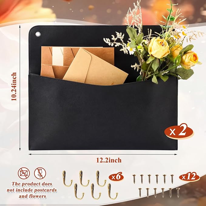 Marspark 2 Set PU Leather Mail Holder Wall Mount 12.2x10.24 Inch Leather Letter Holder 2 Ring Binder Hanging Wall File Organizer Mail Sorter for Decor Storage Letter Postcard Flower Home Office(Black)