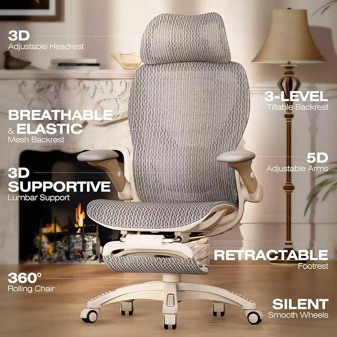 ELABEST X100 Ergonomic Office Chair with Footrest, Big and Tall Home Desk Chair with 5D Flip-Up Arms, Adjustable 3D Lumbar Support,High Back Rolling Computer Chair, Swivel Mesh Chairs (Foggy Morning)