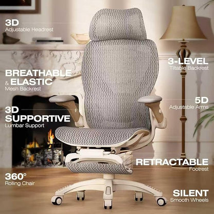 ELABEST X100 Ergonomic Office Chair with Footrest, Big and Tall Home Desk Chair with 5D Flip-Up Arms, Adjustable 3D Lumbar Support,High Back Rolling Computer Chair, Swivel Mesh Chairs (Foggy Morning)