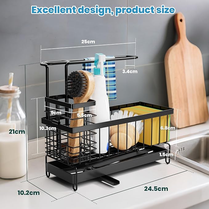 Tell Love Kitchen Sink Caddy, Sponge Holder with Towel Holder, Kitchen Holder for Sink with 360 Degree Rotating Drain, Carbon Steel Rustproof, Kitchen Sink Caddy Sponge Holder for Gadgets and Decor