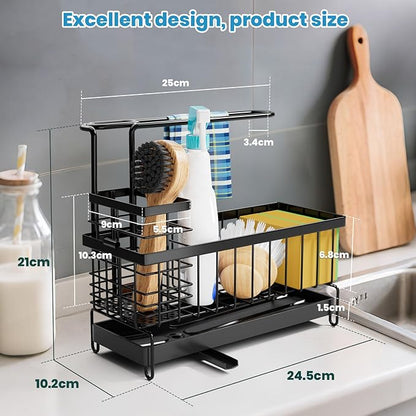 Tell Love Kitchen Sink Caddy, Sponge Holder with Towel Holder, Kitchen Holder for Sink with 360 Degree Rotating Drain, Carbon Steel Rustproof, Kitchen Sink Caddy Sponge Holder for Gadgets and Decor