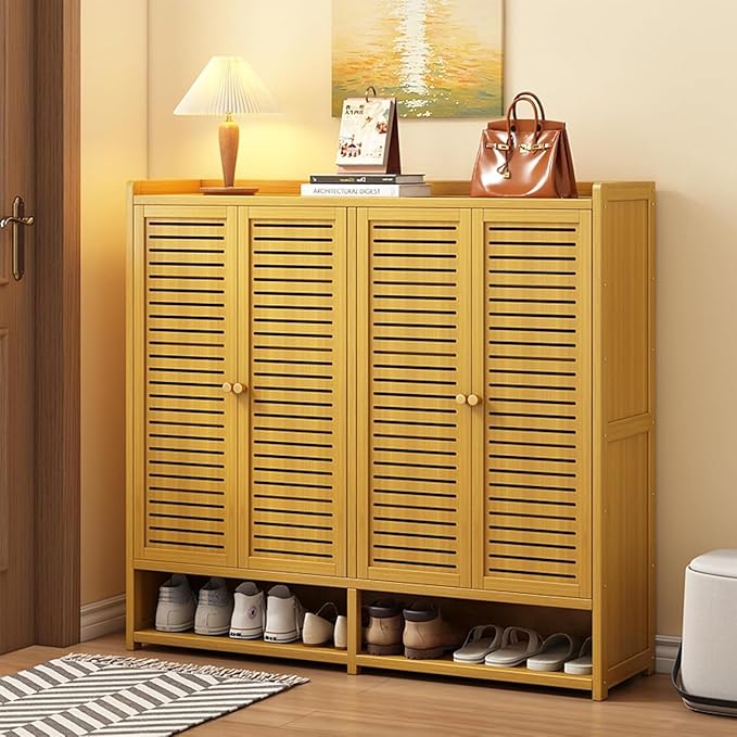 Bamboo Shoe Cabinet with Doors, 8-Tier Shoe Rack for Closet, 38-41 Pairs Freestanding Shoe Storage Cabinet for Hallway Living Room (Brown-03)