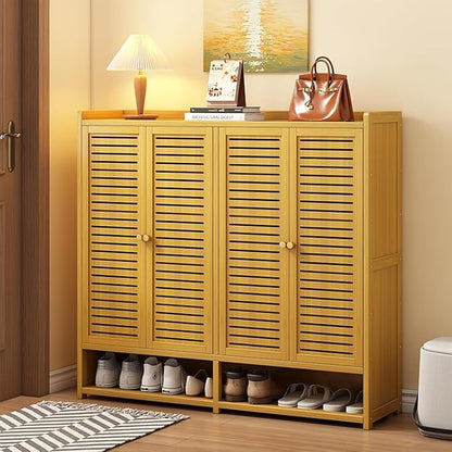 Bamboo Shoe Cabinet with Doors, 8-Tier Shoe Rack for Closet, 38-41 Pairs Freestanding Shoe Storage Cabinet for Hallway Living Room (Brown-03)