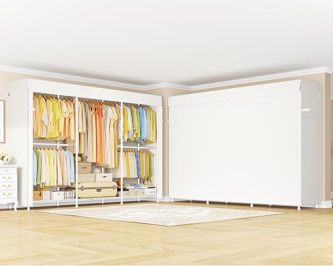 ULIFHOME E14C Max Heavy Duty Closet Organizer System，Freestanding Clothing Racks for Hanging Clothes，Adjustable Garment Rack 86" W × 16" D × 77" H Hold 1060 lbs，White Rack with White Cover
