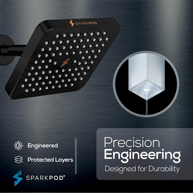 SparkPod Rain Shower Head, 6 Inch Square | High Pressure Shower Heads, 90 Nozzle (Touch-to-Clean), Adjustable Showerhead, No-tool Universal Connection