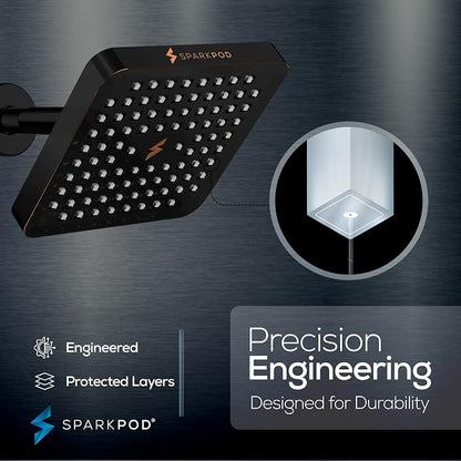 SparkPod Rain Shower Head, 6 Inch Square | High Pressure Shower Heads, 90 Nozzle (Touch-to-Clean), Adjustable Showerhead, No-tool Universal Connection