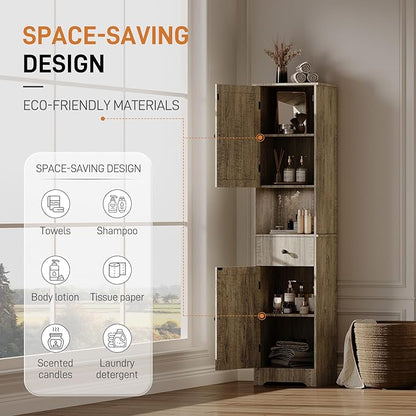 Tall Bathroom Cabinet, Storage Cabinet with 2 Doors & 2Drawer, with Ajustable Shelve, for Bathrooms, Kitchens,Entrances,Bedrooms（Grey）