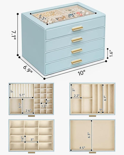 AKOZLIN Jewelry Box with Clear Lid Functional Leather Jewelry Storage Organizer Case 4 Drawers for Women Girls Necklace Ring Bracelet Earring BlueGrey