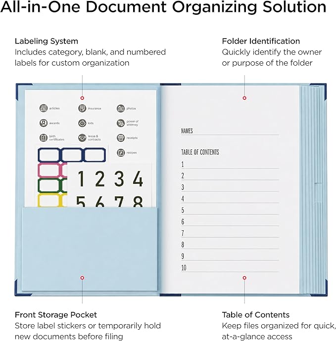 Important Document Organizer - Binder File Folder with Blank & Pre-Printed Common Category Labels, 12 Envelopes, Ideal for IDs, Medical Records, Life’s Milestones, Insurance & Tax, Estate Planning