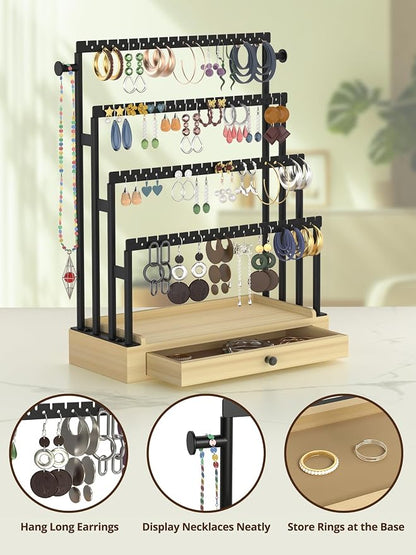 Earring Holder Organizer, 4-Tier Metal Jewelry Display Stand with Wooden Drawer, Large Earring Organizer for Studs, Hoops, and Dangles, Modern Earring Storage Rack for Vanity or Dresser
