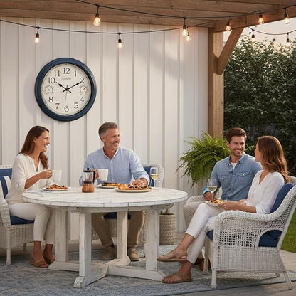 16 Inch Large Outdoor Clock with Thermometer & Hygrometer – Vintage Blue Coastal Decor Waterproof Wall Clock for Patio, Pool, Garden, Backyard