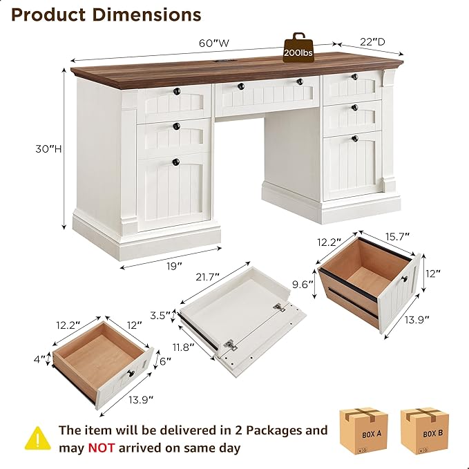 OKD 60" Executive Desk with Drawers, Farmhouse Home Office Desk with Charging Station, Keyboard Tray, File Cabinet Storage, Wood Computer Desk for Work and Study, Antique White