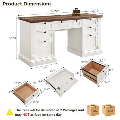 OKD 60" Executive Desk with Drawers, Farmhouse Home Office Desk with Charging Station, Keyboard Tray, File Cabinet Storage, Wood Computer Desk for Work and Study, Antique White