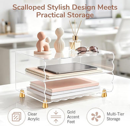 2+1 Tier Paper Letter Tray,Acrylic Desk Organizer with Scalloped Edge& Gold Metal Feet,Top Display Design,Space Saving Clear Organizer for Women, A4 File, Letter, Books,Notes,Home & Office