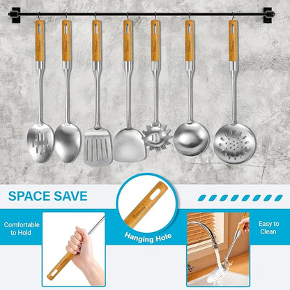 Stainless Steel Cooking Utensils Set with Wooden Handle, 7 Pcs Long Kitchen Utensil Set Stainless Steel, Heat Resistant Metal Spatula Set for Cooking with Turners, Skimmer, Ladle, Pasta Fork