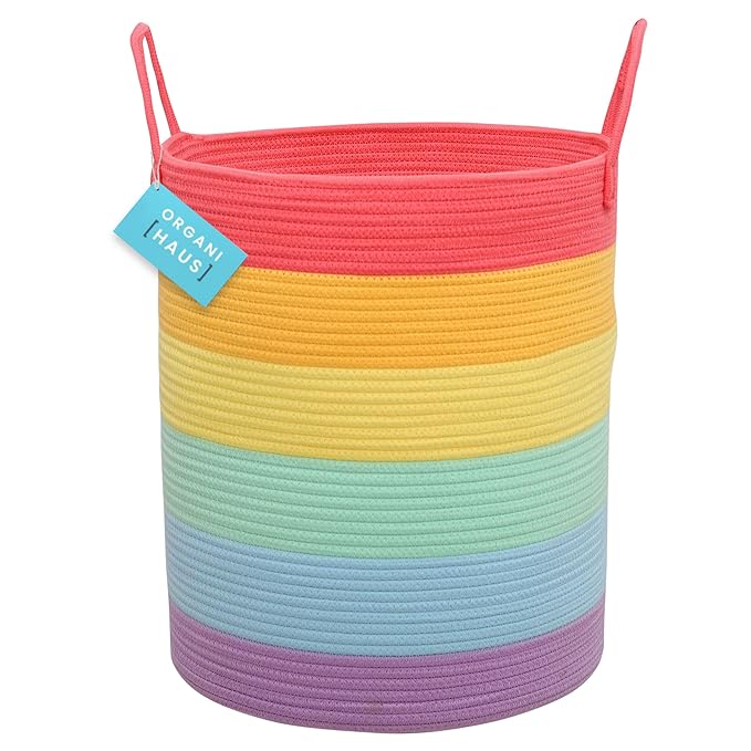 OrganiHaus Large Rainbow Woven Laundry Basket w/Handles 52L, Decorative Toy Storage Bin for Nursery, Colorful Blanket Basket for Playroom, Baby Laundry Hamper, Fun Kids Room Decor Organizer