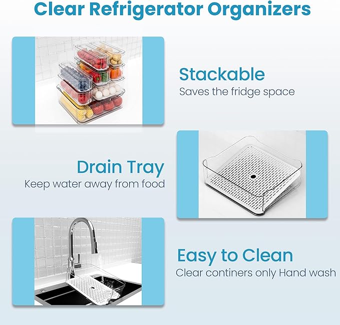 8 Pack Refrigerator Organizers, Clear Pull-out Drawer Container and Organizer Bins with Lids, Stackable Storage Containers for Fruits, Vegetable (Set of 8 (Include Pull Out Drawer))