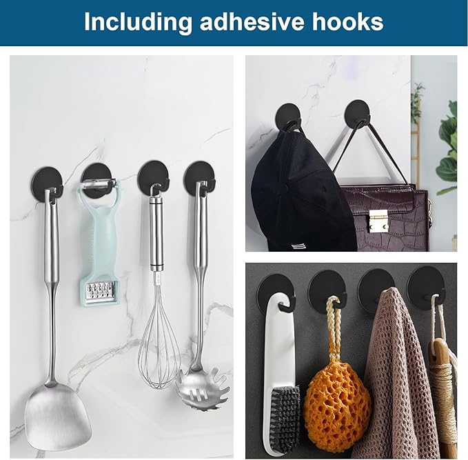Diesisa Razor Holder for Shower + Adhesive Wall Hooks, Premium 304 Stainless Steel Shower Razor Holder with Heavy Duty Waterproof Sticky Hooks for Hanging Towels, Coat, hat (4+4 Pack) - Black