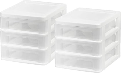 IRIS USA Plastic Stacking Desk Top 3-Drawer Storage Organizer, 2-Pack, for Makeup Vanity Nail Polish Bathroom Stationery Art Craft Supplies Kitchen Office Garage and Small Organization, Small, White