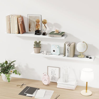Fun Memories Floating Shelves for Wall, 40 Inch Floating Shelves for Home Decor, Wall Mounted Rustic Wood Shelves, Bathroom, Hanging Deep Shelf for Bedroom, Living Room, Kitchen (White, Set of 2)