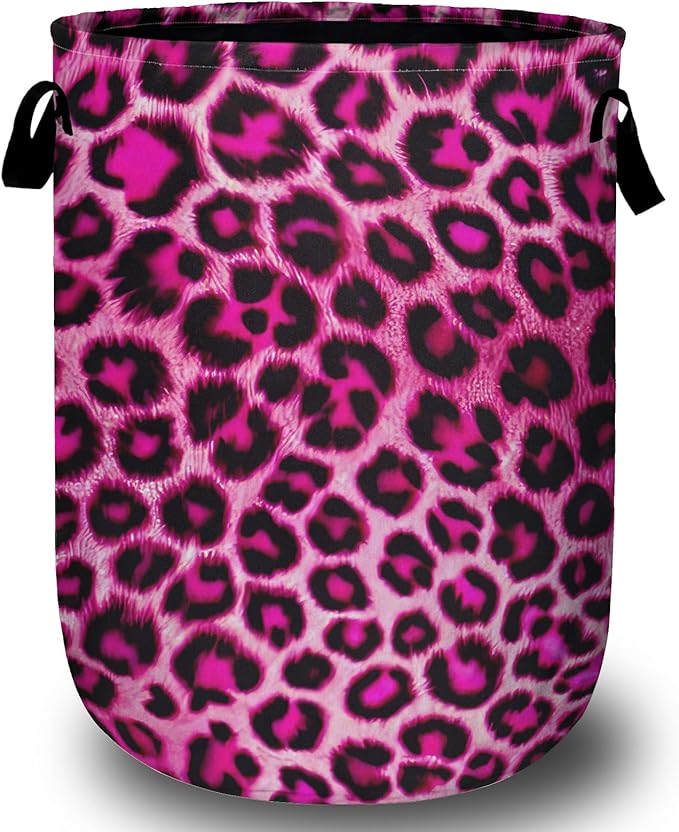 Pink Leopard Print Laundry Basket, Foldable Animal Skin Laundry Hamper Tote Bag Dirty Clothes Storage Bucket Toy Organizer for Bathroom/Laundry/Bedroom 15.7"x19.6"