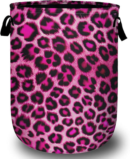 Pink Leopard Print Laundry Basket, Foldable Animal Skin Laundry Hamper Tote Bag Dirty Clothes Storage Bucket Toy Organizer for Bathroom/Laundry/Bedroom 15.7"x19.6"