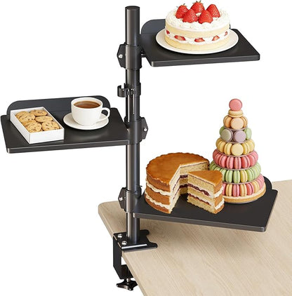 3 Tier Clamp-on Desk Shelf Height Adjustable, 360° Rotatable Desktop Storage Tray with Baffle, Over or Under Desk Organizer Shelf for Office Accessories, Black