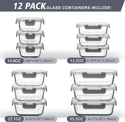 AILTEC 12 Pack Glass Food Storage Containers with Lids, Glass Meal Prep Containers Set with Leak Proof Lids, Airtight Lunch Container for Kitchen, Microwave, Oven, Freezer, Dishwasher Safe, Bpa free
