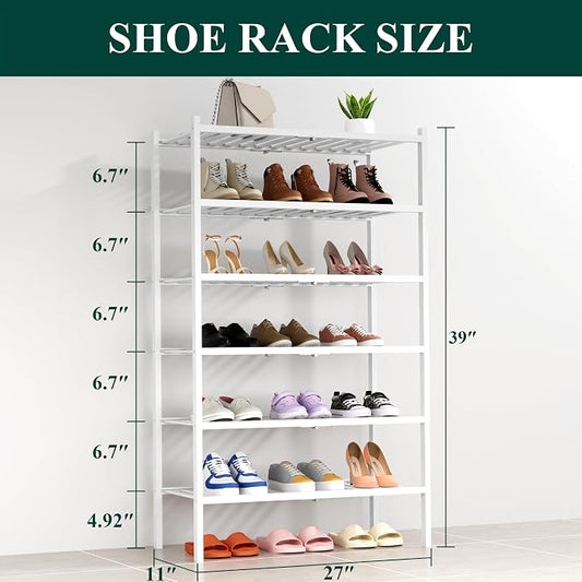 Smiry Bamboo Shoe Rack, 6 Tier Free Standing Wooden Shoe Organizer, Stackable Wood Shoe Storage Shelf for Closet, Entryway, 14 Vertical Slats, 2+2+2 Stack Heavy-Duty Legs, 26.8"x11"x39", White