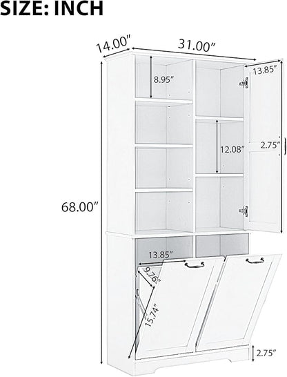 Merax Cabinet with Tilt-Out Laundry Hamper Basket, Tall Bathroom Storage Organizer Linen with Open Shelf for Home, Freestanding, White