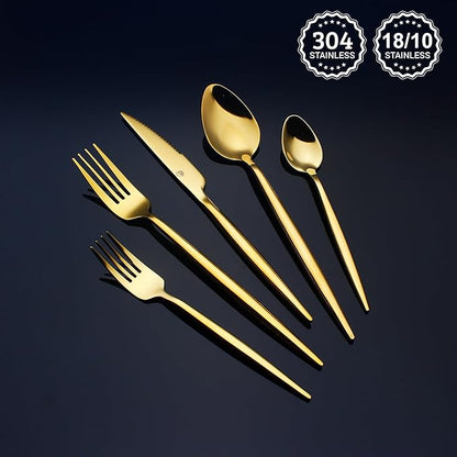 CHAAMFORGE 20 Piece Luxury Silverware Set for 4 Gold Mirror-Polished 18/10 Stainless Steel Heavy Flatware Set Modern Cutlery Set Knife/Fork/Spoon with Gifts for Home & Restaurant