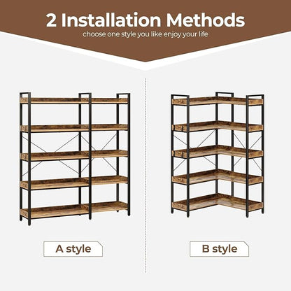 Rolanstar Bookshelf 5 Tier with 4 Hooks, Reversible Corner Bookshelf, 65" Industrial Wooden Bookcase with Open Shelves and Metal Frame for Living Room, Bedroom, Home Office, Rustic Brown