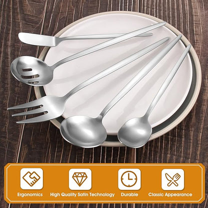 VANVRO Matte Serving Silverware Set, 5-Piece Round Shared Utensils Set of Stainless Steel, Hostess Flatware Serving Set, Satin Finish, Dishwasher Safe