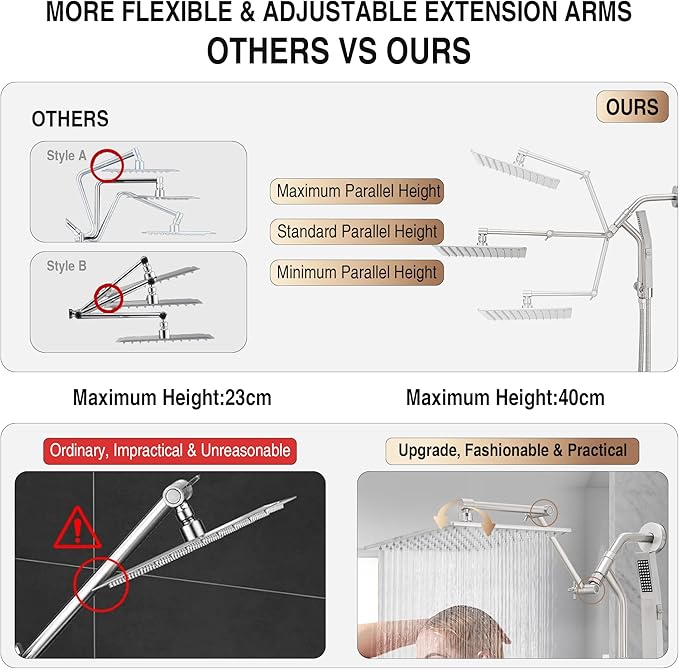 All Metal 10 Inch Rain Shower Head with Handheld Built-in Power Wash Mode, High Pressure Waterfall Rainfall Square Shower Heads with 16" Adjustable Extension Arm, Dual Showerhead(Brushed Nickel)