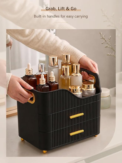 Booklov Countertop Makeup Organizer with Drawers, 3 Tier Large Cosmetic Storage Box for Vanity, Bathroom Counter, Dresser, Skincare Display Case for Lipsticks, Beauty Palettes, Teen Girl Gifts, Black
