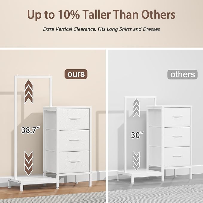 Dresser for Bedroom with Hanging Rack, 3 Drawers Dresser for Bedroom - White