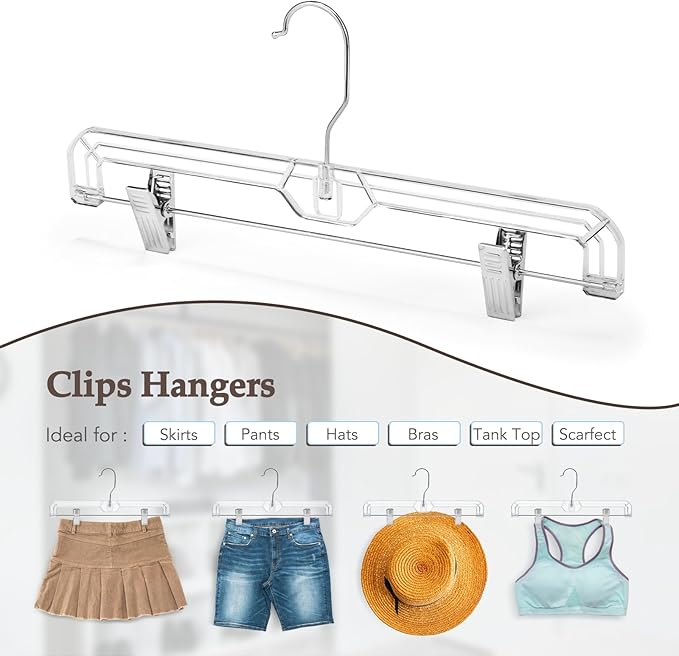 HOUSE DAY Clear Pants Hangers with Clips 25 Pack, Non-Slip Skirt Hangers for Women, Upgraded Heavy Duty Plastic Clip Hanger for Pants, Trousers, Jeans, 14" Short Hanger, 360-Rotating Swivel Hook