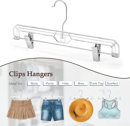 HOUSE DAY Clear Pants Hangers 100 Pack, Non-Slip Plastic Skirt Hanger with 2 Adjustable Clips, Heavy Duty Clip Hangers for Pants, Skirts, Shorts, 14" Clear Hanger, 360-Rotating Swivel Hook
