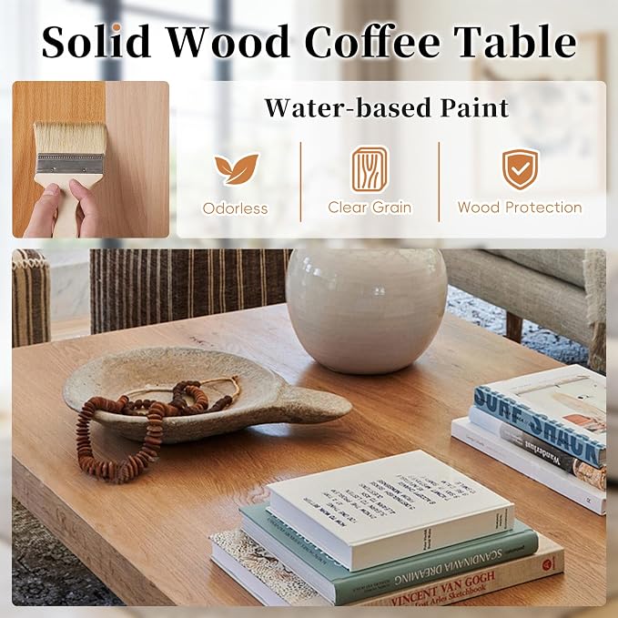Solid Wood Square Coffee Table 2 Inch Thick Farmhouse Low Minimalist Center Table for Living Room Office