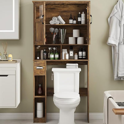 Vabches Over The Toilet Storage Cabinet With Double Doors & Paper Holder Stand, Freestanding Shelf Space Saver With Anti-Tip Design & Adjustable Shelf, Brown